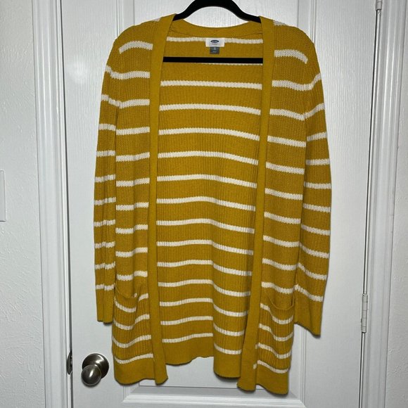 Old Navy Shaker Sweater Cardigan Women's Open Front Knit Mustard Striped XS - Picture 1 of 11